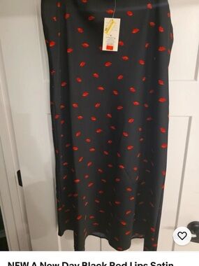 a new day Black Satin Maxi Skirt with Red Lip Print